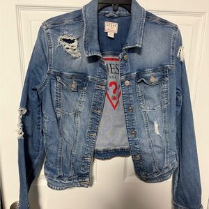 GUESS Distressed Blue Denim Jacket Large